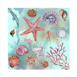 Watercolor Seashells Ocean Pattern Posters and Art